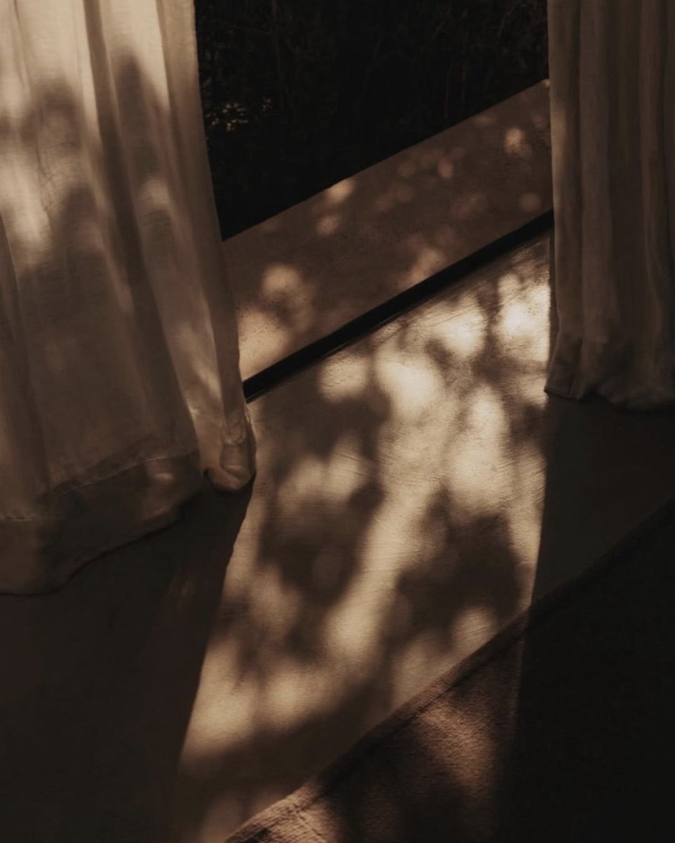 Leaf shadows falling across the floor beside a sheer curtain