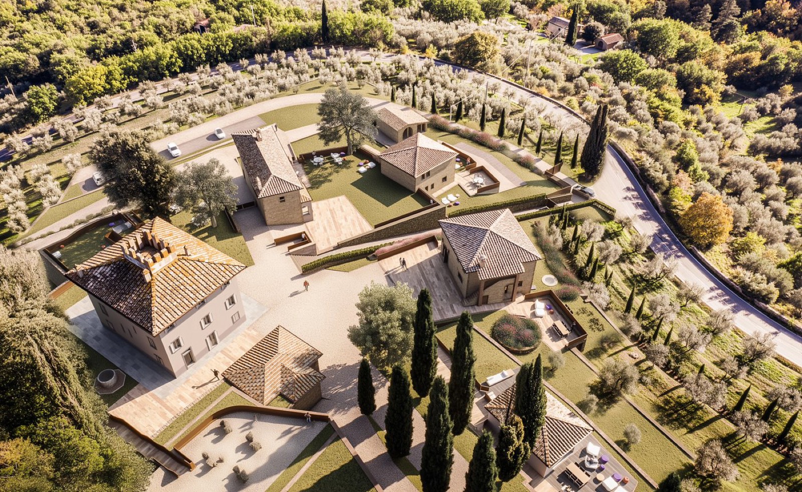 Visualisation of a restored stone village among olive groves and cypresses